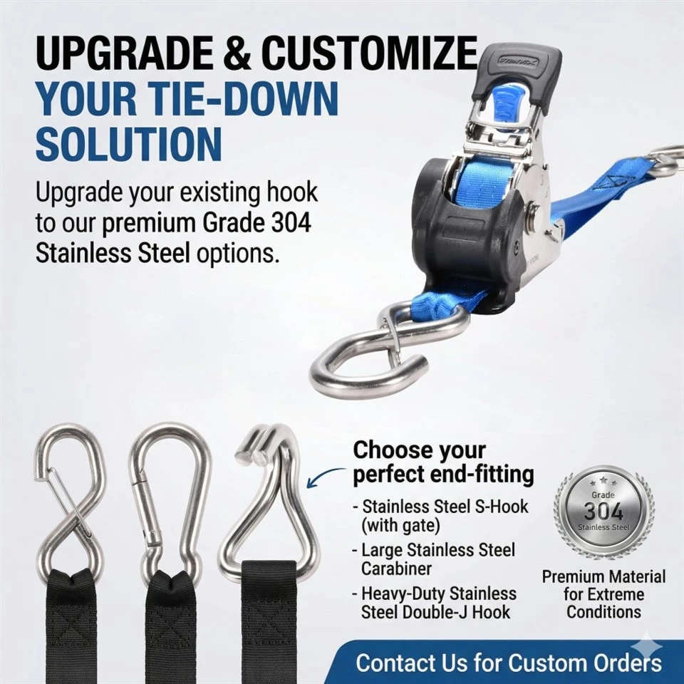 1inch X 10ft 304L Stainless Steel Retractable Ratchet Strap With Fully Bend S Hook factory